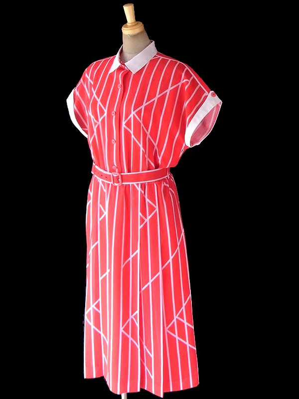 ヨーロッパ古着 ロンドン買い付け 70年代製 レッド X ホワイト ストライプ 共布ベルト付き ヴィンテージ ワンピース 18OM305