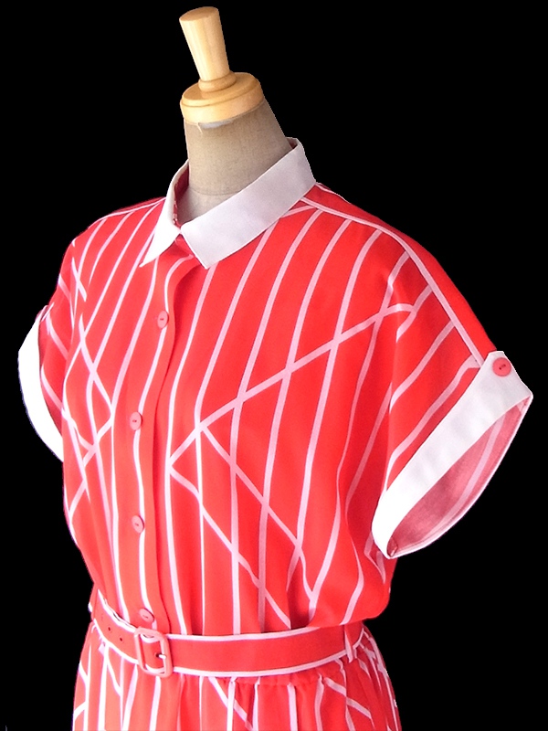 ヨーロッパ古着 ロンドン買い付け 70年代製 レッド X ホワイト ストライプ 共布ベルト付き ヴィンテージ ワンピース 18OM305