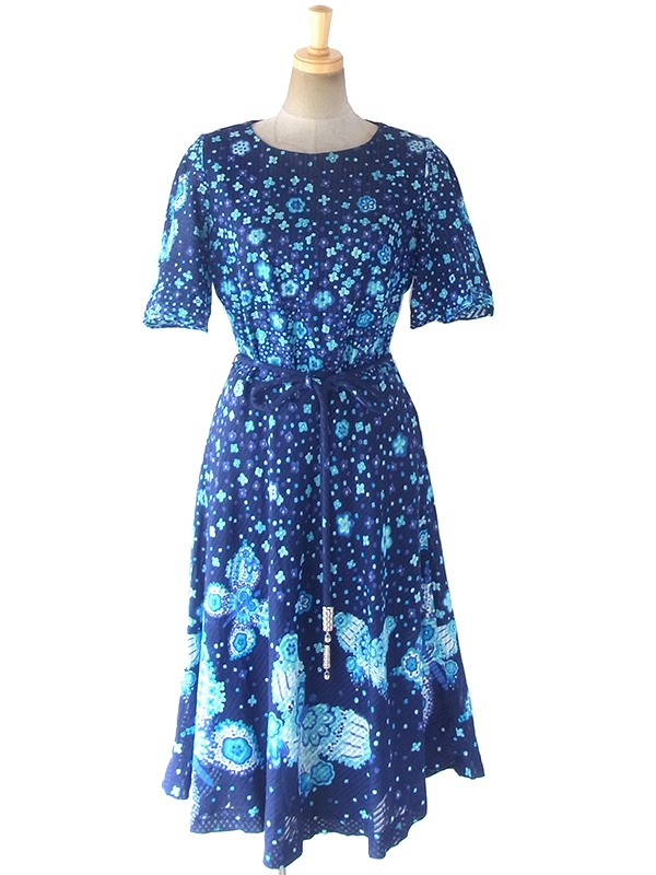 70’sブルー X カラフル花柄イラスト リゾート ヴィンテージワンピース M ヨーロッパ古着】ロンドン買い付け 70年代製 ブルー X カラフル