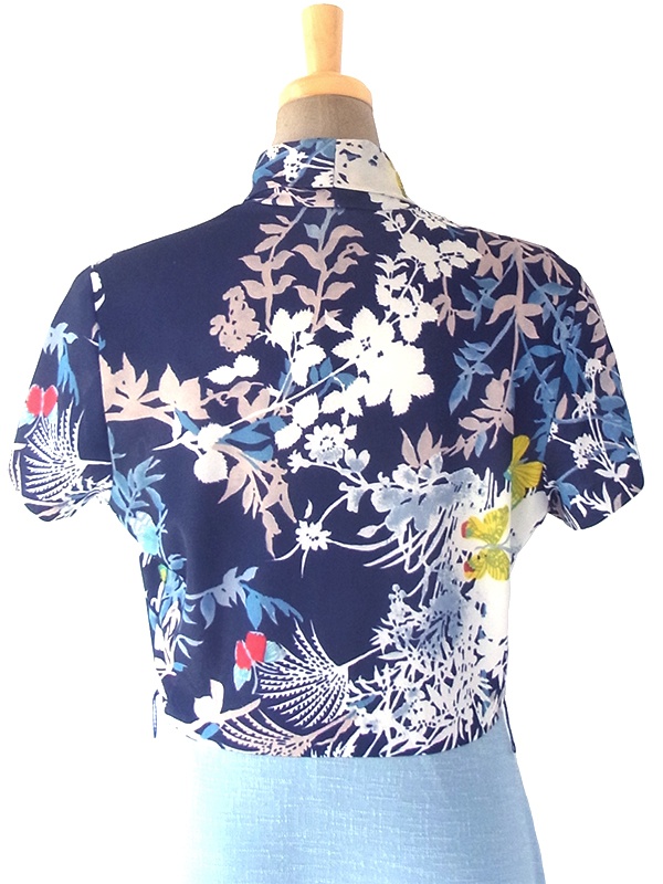 ヨーロッパ古着 ロンドン買い付け 70年代製 ネイビー 花柄 X 水色スカート 切り返し ボウタイ ワンピース 18OM336