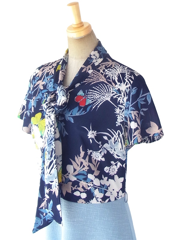 ヨーロッパ古着 ロンドン買い付け 70年代製 ネイビー 花柄 X 水色スカート 切り返し ボウタイ ワンピース 18OM336