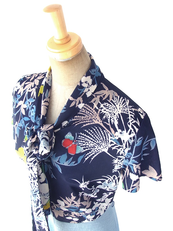 ヨーロッパ古着 ロンドン買い付け 70年代製 ネイビー 花柄 X 水色スカート 切り返し ボウタイ ワンピース 18OM336