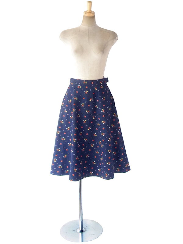 ヨーロッパ古着 ロンドン買い付け 60年代製 ネイビー X カラフル花柄 コーデュロイ スカート 18OM339