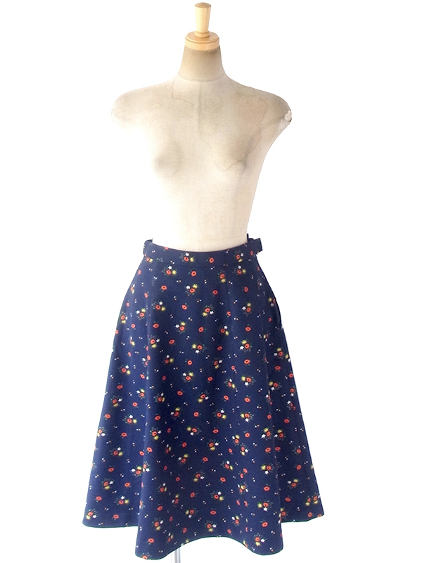ヨーロッパ古着 ロンドン買い付け 60年代製 ネイビー X カラフル花柄 コーデュロイ スカート 18OM339