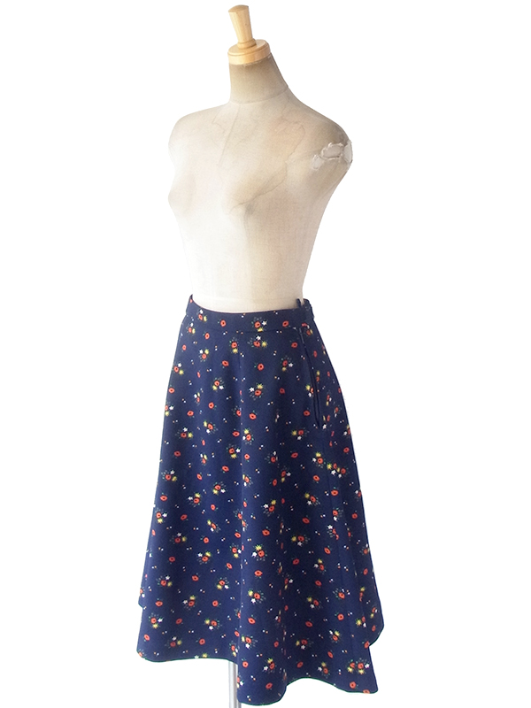 ヨーロッパ古着 ロンドン買い付け 60年代製 ネイビー X カラフル花柄 コーデュロイ スカート 18OM339