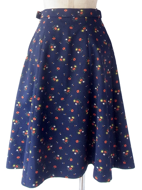 ヨーロッパ古着 ロンドン買い付け 60年代製 ネイビー X カラフル花柄 コーデュロイ スカート 18OM339