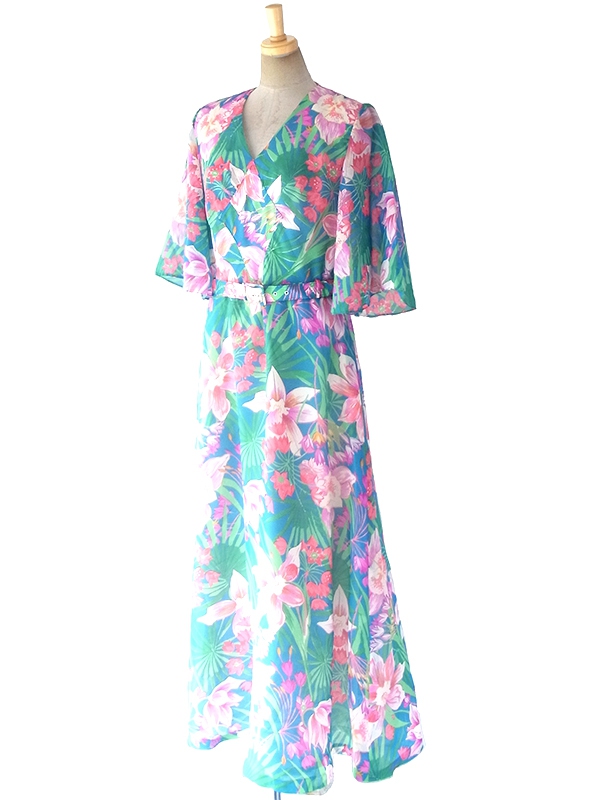ヨーロッパ古着 ロンドン買い付け 70年代製 水色 X カラフル 南国風花柄プリントベルト付き ロング ワンピース 18OM400