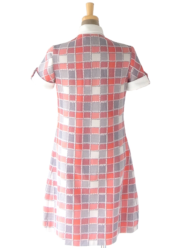 ヨーロッパ古着 ロンドン買い付け 70年代製 レッド・ベージュ・グレイ X ブロックチェックプリント レトロ ワンピース 18OM401