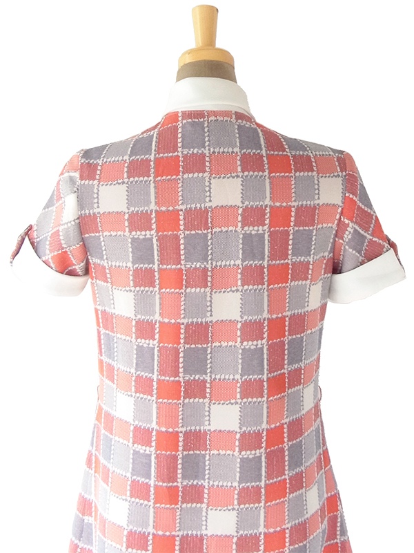 ヨーロッパ古着 ロンドン買い付け 70年代製 レッド・ベージュ・グレイ X ブロックチェックプリント レトロ ワンピース 18OM401