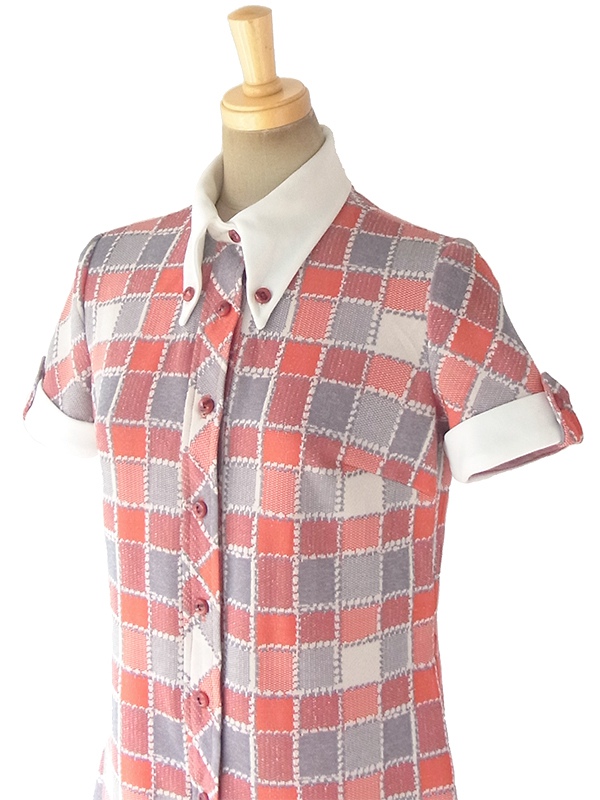 ヨーロッパ古着 ロンドン買い付け 70年代製 レッド・ベージュ・グレイ X ブロックチェックプリント レトロ ワンピース 18OM401