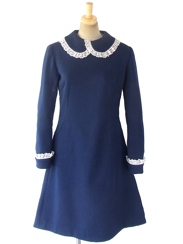 ヨーロッパ古着 ロンドン買い付け 70年代製 ネイビー X ホワイト レースフリル ダイヤ型押し生地 ワンピース 18OM423