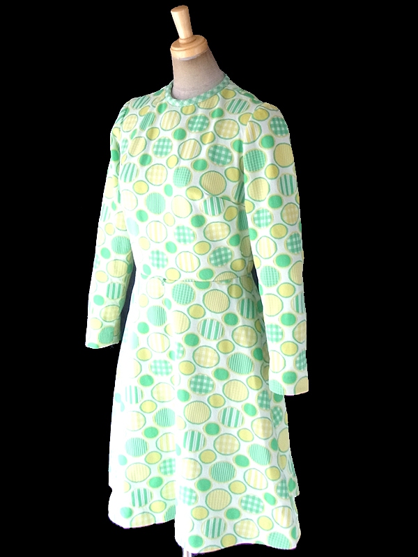 ヨーロッパ古着 ロンドン買い付け 70年代製 ライムグリーン X イエロー 水玉レトロ柄 ヴィンテージ ワンピース 18SR000