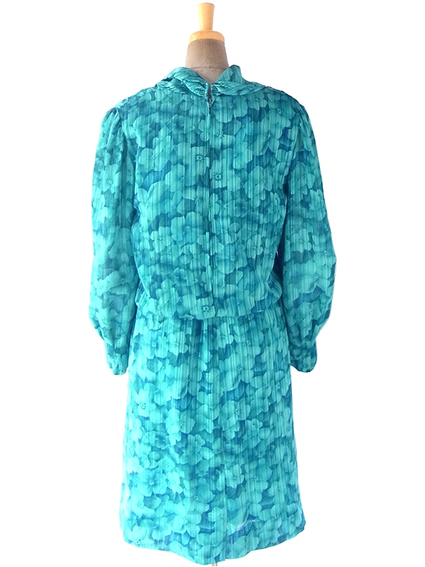 ヨーロッパ古着 ロンドン買い付け 70年代製 ターコイズブルー X 花柄・ストライプ カウルネック ワンピース 18SR003