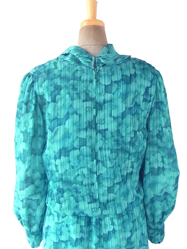 ヨーロッパ古着 ロンドン買い付け 70年代製 ターコイズブルー X 花柄・ストライプ カウルネック ワンピース 18SR003