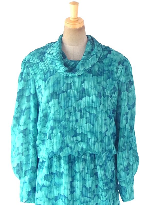 ヨーロッパ古着 ロンドン買い付け 70年代製 ターコイズブルー X 花柄・ストライプ カウルネック ワンピース 18SR003