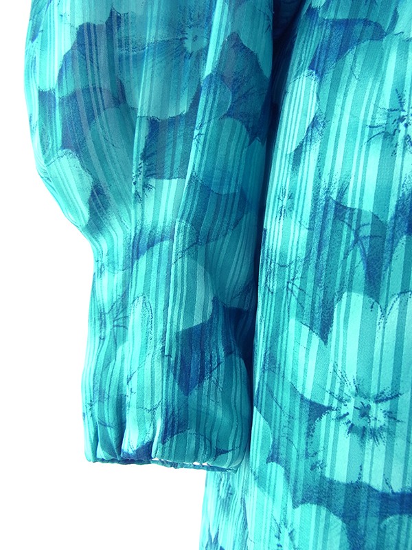 ヨーロッパ古着 ロンドン買い付け 70年代製 ターコイズブルー X 花柄・ストライプ カウルネック ワンピース 18SR003