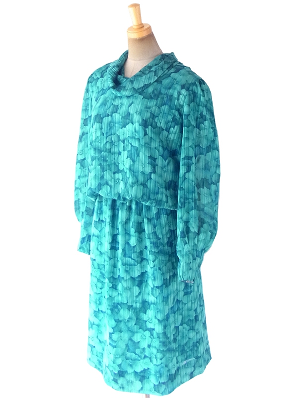 ヨーロッパ古着 ロンドン買い付け 70年代製 ターコイズブルー X 花柄・ストライプ カウルネック ワンピース 18SR003