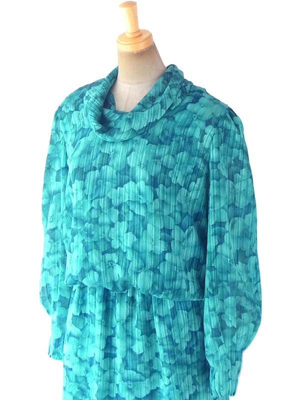 ヨーロッパ古着 ロンドン買い付け 70年代製 ターコイズブルー X 花柄・ストライプ カウルネック ワンピース 18SR003