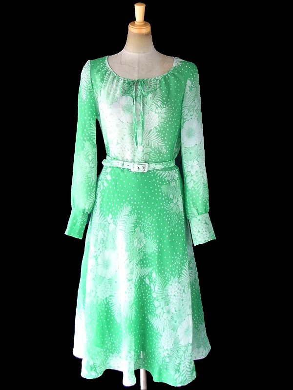 ヨーロッパ古着 ロンドン買い付け 70年代製 エメラルドグリーン X ホワイト 花柄 共布ベルト付き ヴィンテージ ワンピース 18SR006