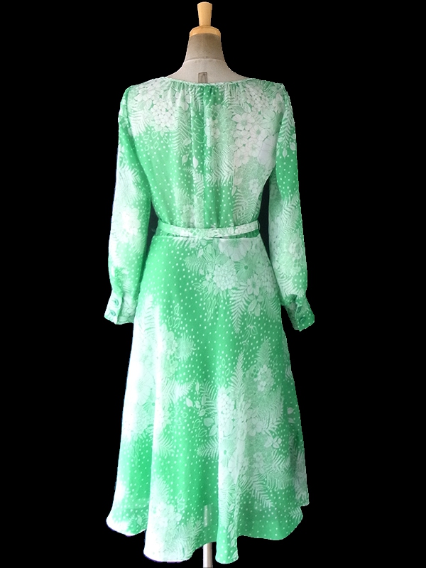 ヨーロッパ古着 ロンドン買い付け 70年代製 エメラルドグリーン X ホワイト 花柄 共布ベルト付き ヴィンテージ ワンピース 18SR006