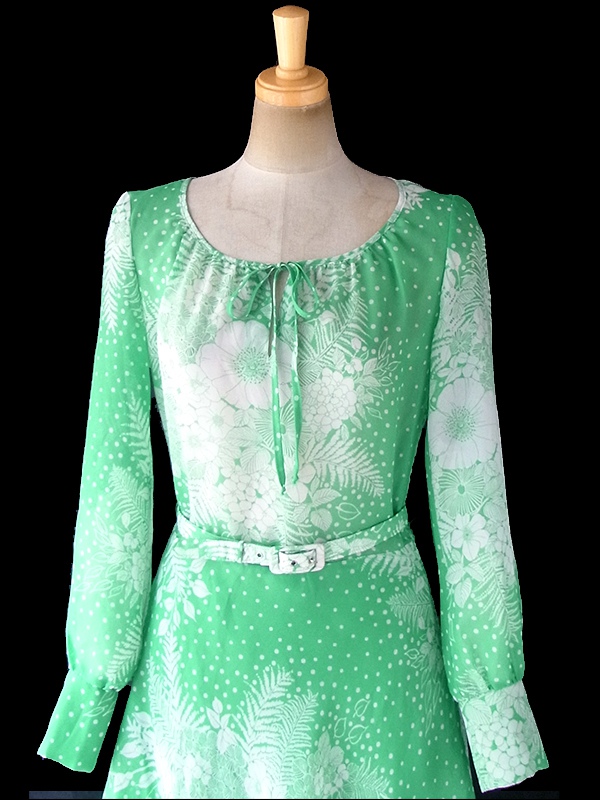 ヨーロッパ古着 ロンドン買い付け 70年代製 エメラルドグリーン X ホワイト 花柄 共布ベルト付き ヴィンテージ ワンピース 18SR006