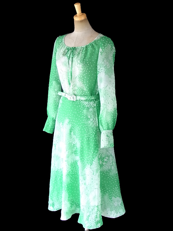 ヨーロッパ古着 ロンドン買い付け 70年代製 エメラルドグリーン X ホワイト 花柄 共布ベルト付き ヴィンテージ ワンピース 18SR006