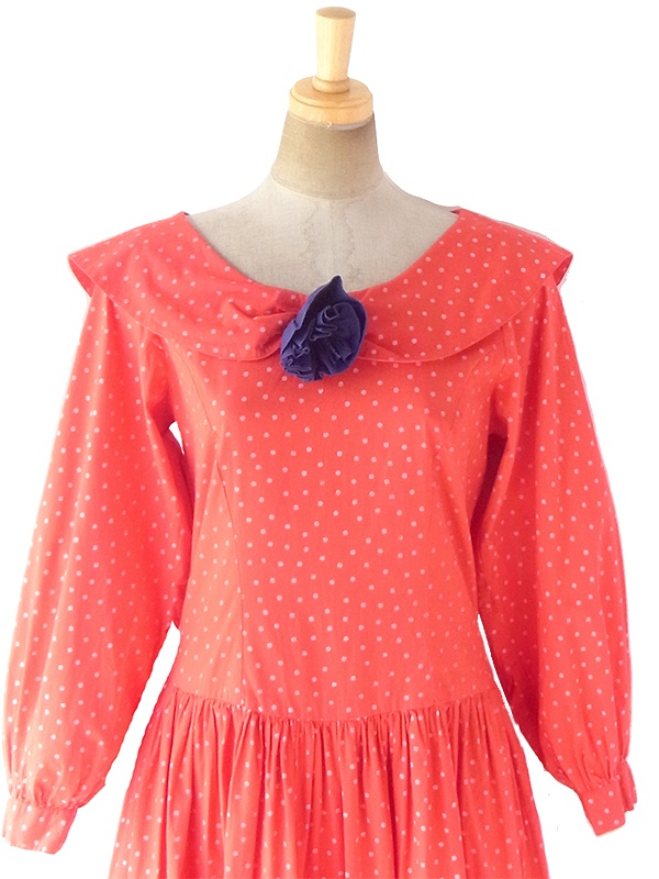 ヨーロッパ古着 ロンドン買い付け 60年代製 レッド X ホワイト 水玉 薔薇コサージュ ヴィンテージ ワンピース 18SR007