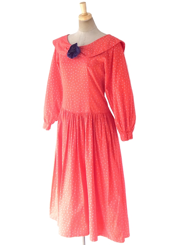 ヨーロッパ古着 ロンドン買い付け 60年代製 レッド X ホワイト 水玉 薔薇コサージュ ヴィンテージ ワンピース 18SR007