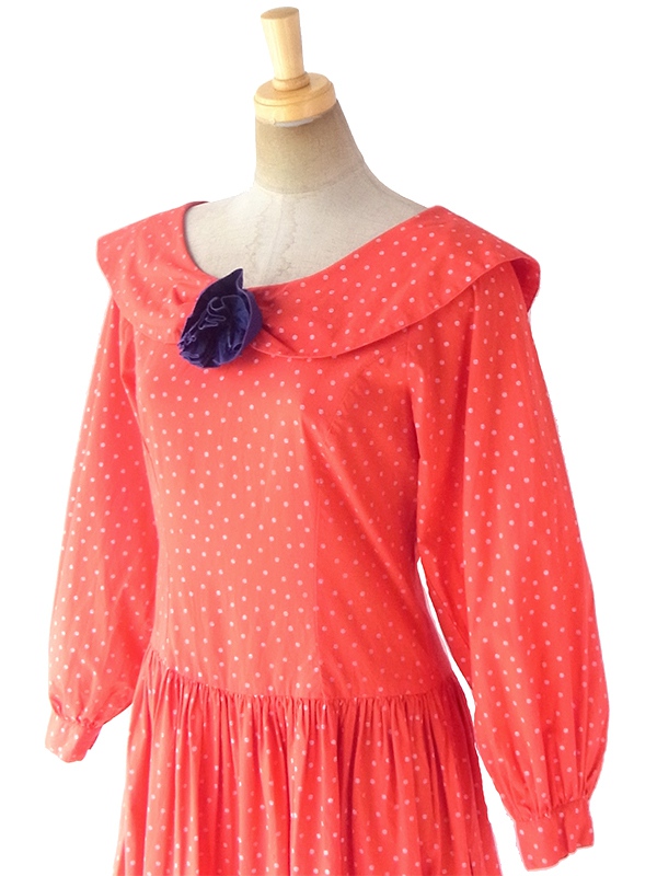 ヨーロッパ古着 ロンドン買い付け 60年代製 レッド X ホワイト 水玉 薔薇コサージュ ヴィンテージ ワンピース 18SR007