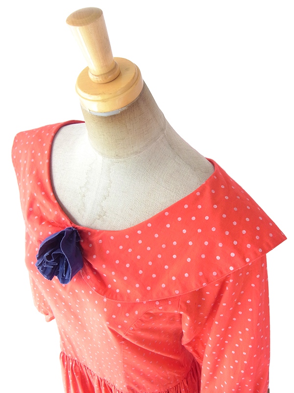 ヨーロッパ古着 ロンドン買い付け 60年代製 レッド X ホワイト 水玉 薔薇コサージュ ヴィンテージ ワンピース 18SR007