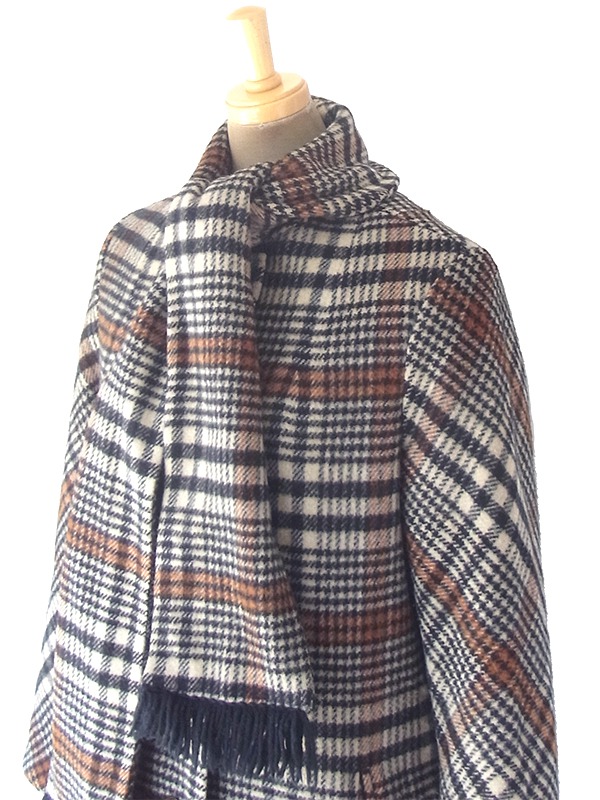 ヨーロッパ古着 ロンドン買い付け 60年代製 タータンチェック X マフラー風デザイン フリンジ付き ウール コート 18SR011