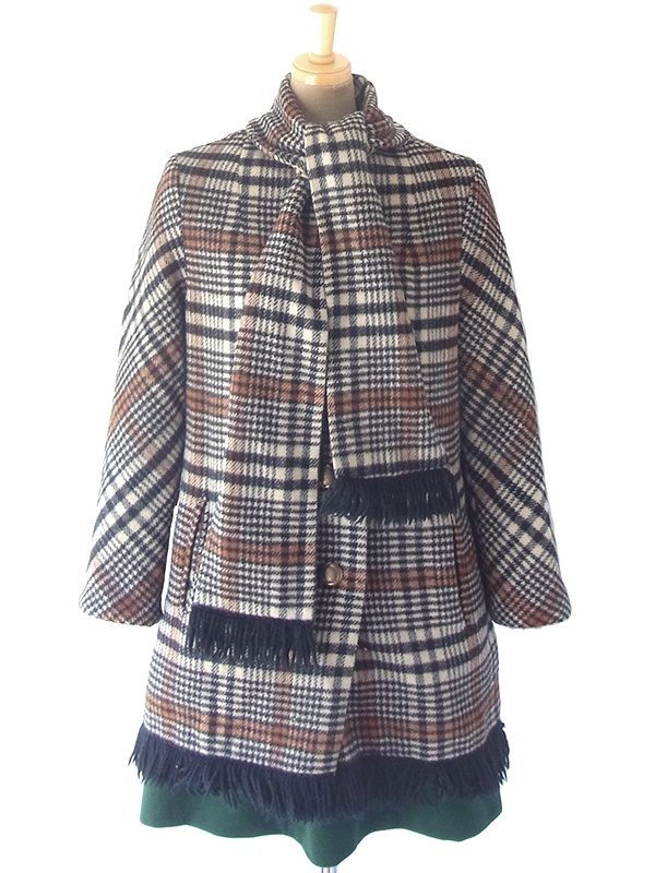 ヨーロッパ古着 ロンドン買い付け 60年代製 タータンチェック X マフラー風デザイン フリンジ付き ウール コート 18SR011