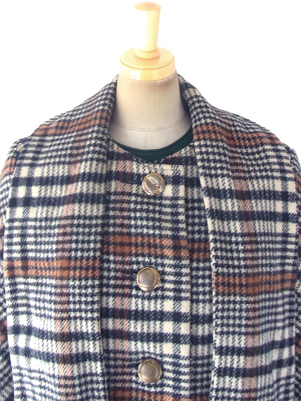ヨーロッパ古着 ロンドン買い付け 60年代製 タータンチェック X マフラー風デザイン フリンジ付き ウール コート 18SR011