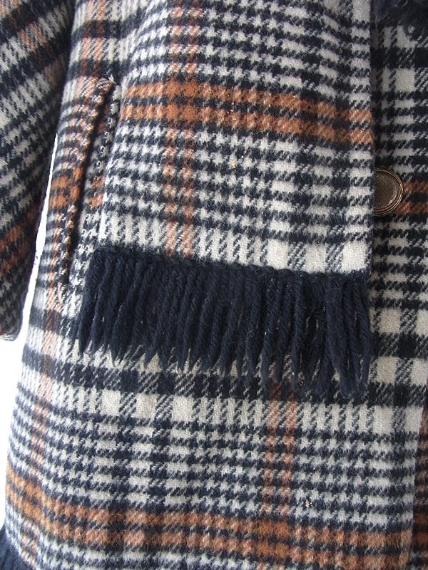 ヨーロッパ古着 ロンドン買い付け 60年代製 タータンチェック X マフラー風デザイン フリンジ付き ウール コート 18SR011