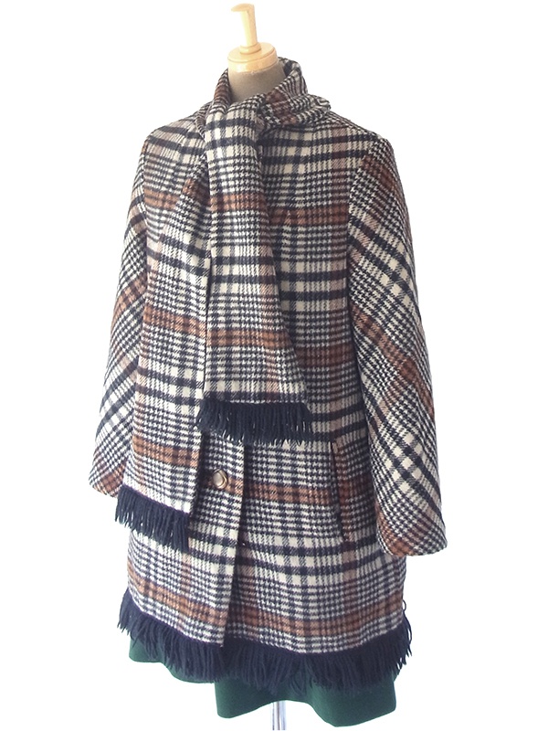 ヨーロッパ古着 ロンドン買い付け 60年代製 タータンチェック X マフラー風デザイン フリンジ付き ウール コート 18SR011