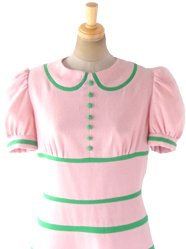 ヨーロッパ古着 ロンドン買い付け 60年代製 ピンク X グリーン 生地切り返しボーダー パフスリーブ ワンピース 18SR104