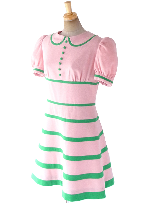 送料無料 ロンドン買い付け 60年代製 ピンク X グリーン 生地切り返しボーダー パフスリーブ ワンピース 18sr104 ヨーロッパ古着