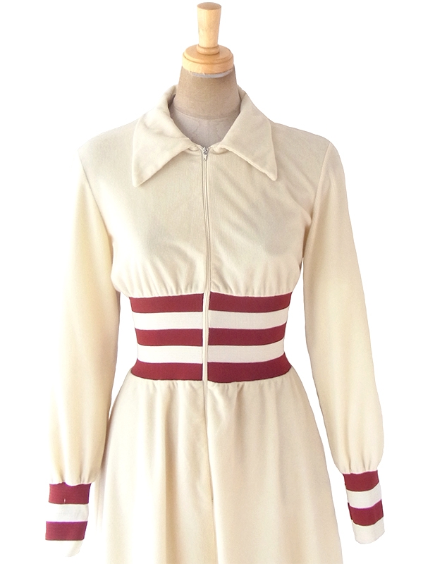 送料無料 ロンドン買い付け 70年代製 オフホワイト X ボルドー ライン ウェストゴム編み コーデュロイ ワンピース 18sr107 ヨーロッパ古着