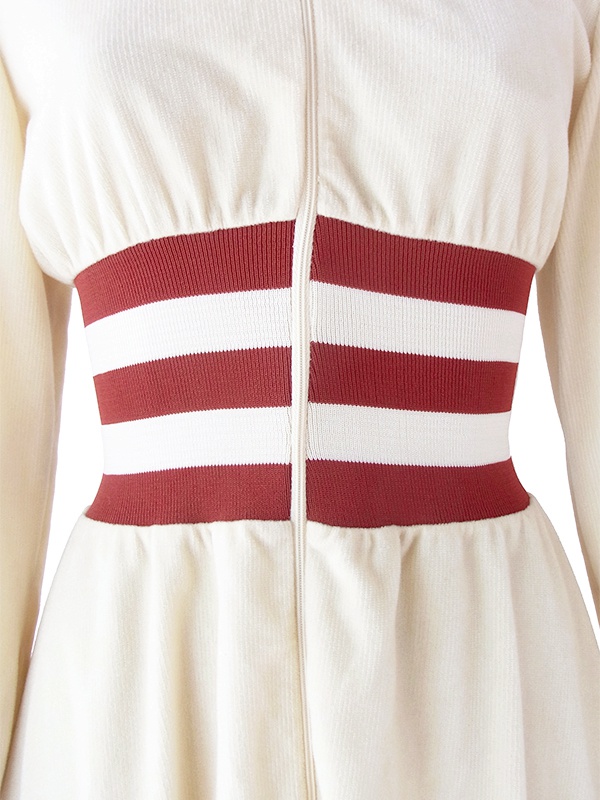 送料無料 ロンドン買い付け 70年代製 オフホワイト X ボルドー ライン ウェストゴム編み コーデュロイ ワンピース 18sr107 ヨーロッパ古着