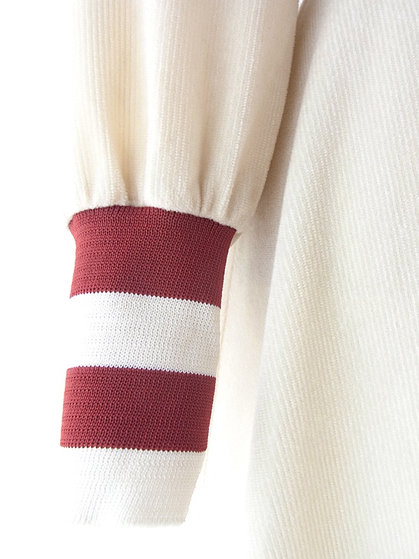 送料無料 ロンドン買い付け 70年代製 オフホワイト X ボルドー ライン ウェストゴム編み コーデュロイ ワンピース 18sr107 ヨーロッパ古着