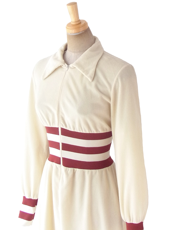 送料無料 ロンドン買い付け 70年代製 オフホワイト X ボルドー ライン ウェストゴム編み コーデュロイ ワンピース 18sr107 ヨーロッパ古着