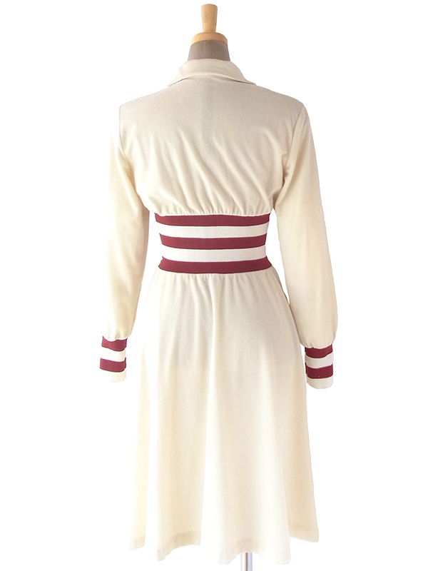 送料無料 ロンドン買い付け 70年代製 オフホワイト X ボルドー ライン ウェストゴム編み コーデュロイ ワンピース 18sr107 ヨーロッパ古着