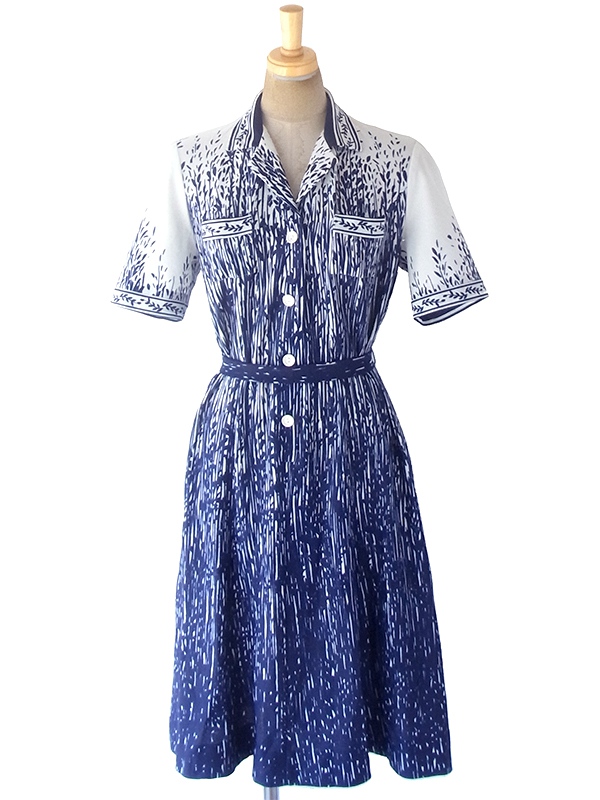 ヨーロッパ古着 ロンドン買い付け 70年代製 ホワイト X ネイビー ライ麦プリント 共布ベルト付き ワンピース 19BS009