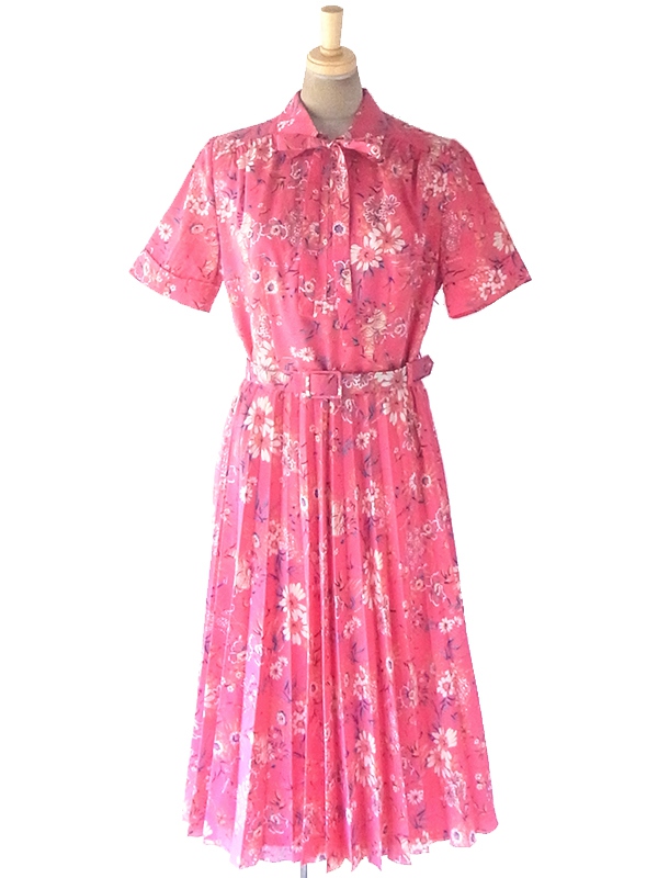 ヨーロッパ古着 ロンドン買い付け 70年代製 スモーキーピンク X 花柄 リボン 共布ベルト付き アンブレラプリーツ ワンピース 19BS024