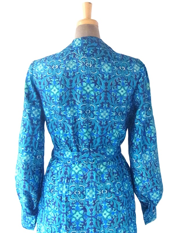 ヨーロッパ古着 ロンドン買い付け 60年代製 ターコイズブルー アラベスク模様 共布ベルト付き コットンシルク ワンピース 19BS029