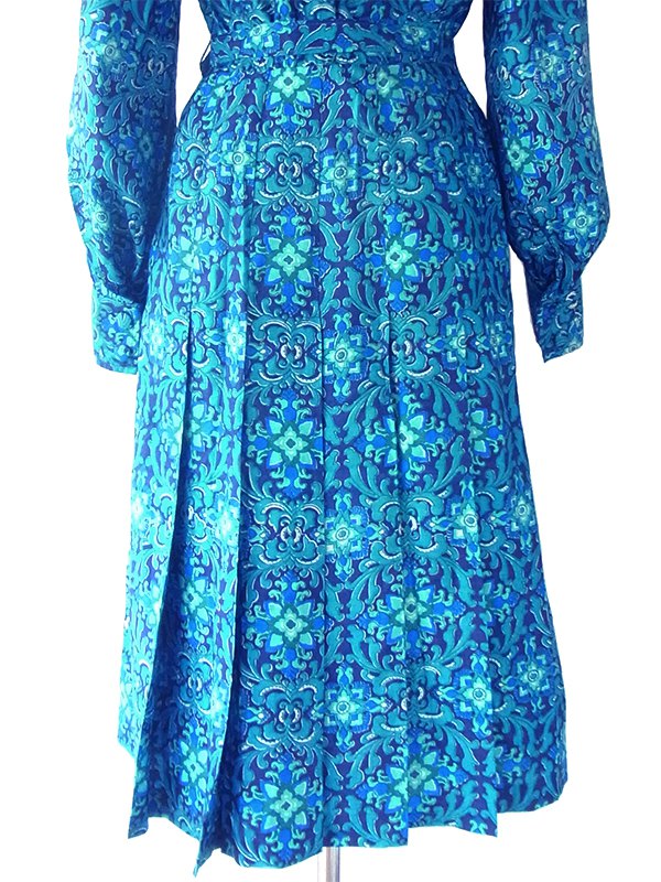 ヨーロッパ古着 ロンドン買い付け 60年代製 ターコイズブルー アラベスク模様 共布ベルト付き コットンシルク ワンピース 19BS029
