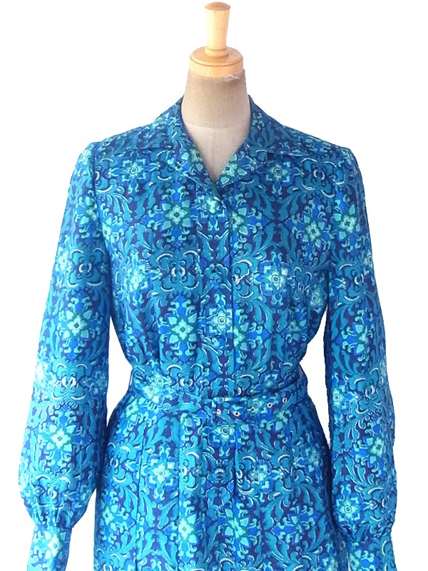 ヨーロッパ古着 ロンドン買い付け 60年代製 ターコイズブルー アラベスク模様 共布ベルト付き コットンシルク ワンピース 19BS029