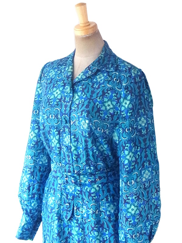 ヨーロッパ古着 ロンドン買い付け 60年代製 ターコイズブルー アラベスク模様 共布ベルト付き コットンシルク ワンピース 19BS029