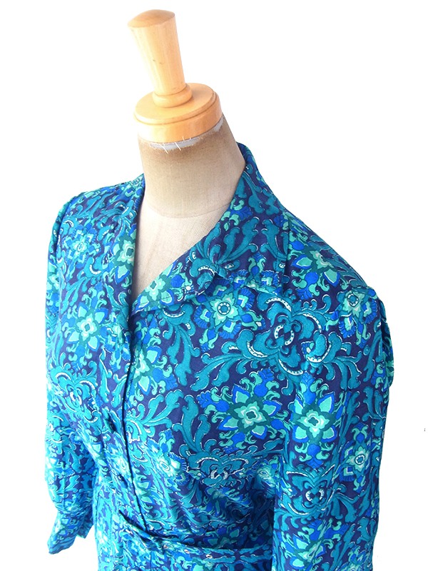 ヨーロッパ古着 ロンドン買い付け 60年代製 ターコイズブルー アラベスク模様 共布ベルト付き コットンシルク ワンピース 19BS029