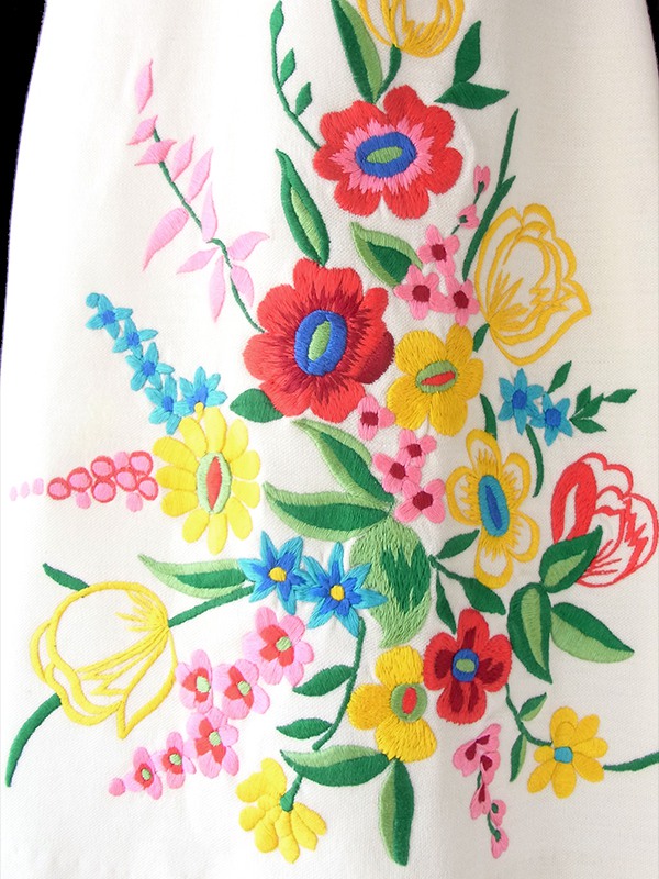 ヨーロッパ古着 ロンドン買い付け 60年代製 ライトベージュ X 鮮やかな花柄刺繍 サマー ウール ワンピース 19BS102